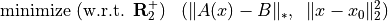 \newcommand{\reals}{\mbox{\bf R}}
\begin{array}{ll}
\mbox{minimize (w.r.t. $\reals_2^+$)} &
  (\|A(x) - B\|_*, \;\;  \| x-x_0\|_2^2)
\end{array}