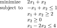 \begin{array}{ll}
\mbox{minimize}   &  2x_1 + x_2 \\
\mbox{subject to} &   -x_1  + x_2 \leq 1 \\
       & x_1  + x_2 \geq 2 \\
       & x_2 \geq 0 \\
       & x_1 -2x_2 \leq 4
\end{array}