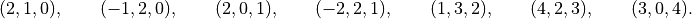 (2,1,0), \qquad (-1,2,0), \qquad (2,0,1), \qquad (-2,2,1), \qquad
(1,3,2), \qquad (4,2,3), \qquad (3,0,4).